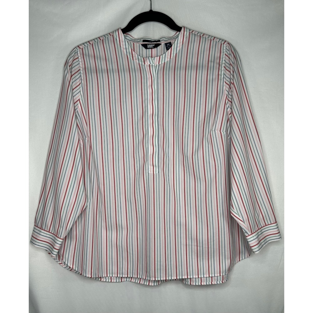 Lands End No Iron Cotton Stripe Tunic Top Red Blue White Band Collar 2X 20W-22W